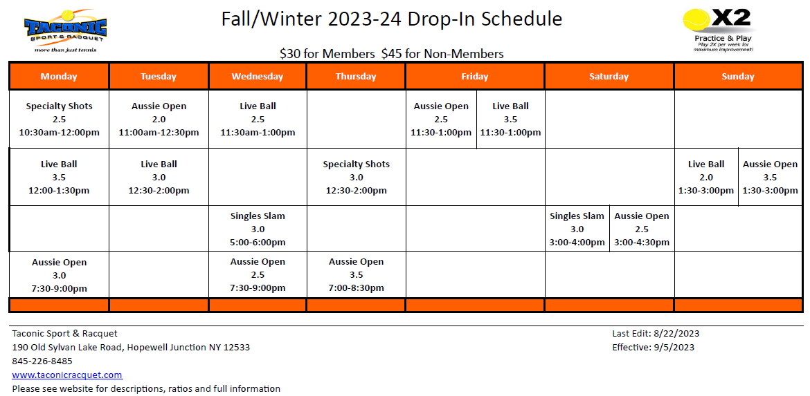 Drop-in Schedule Fall-Winter 2023-24
